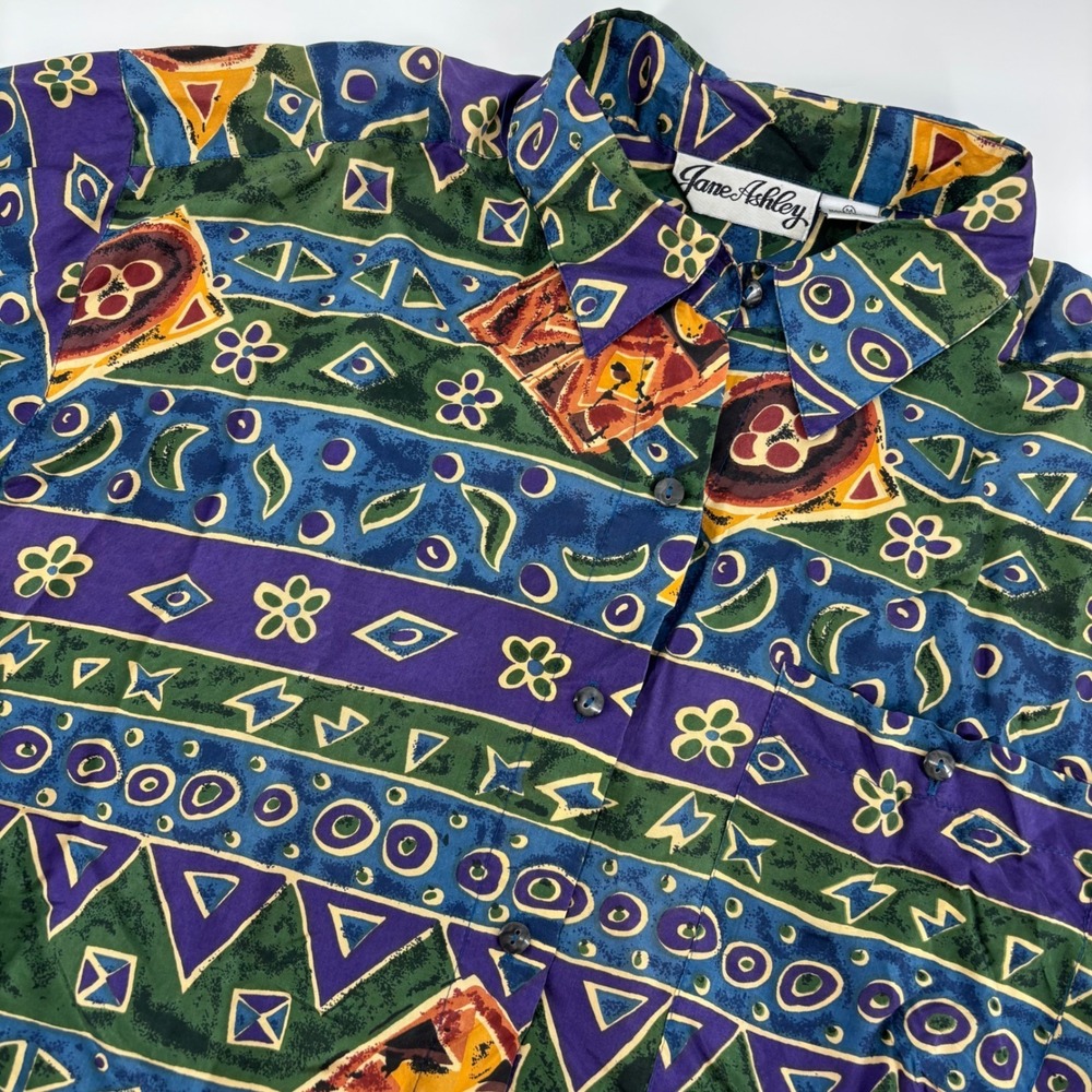 Jane Ashley Silk Button Up Shirt Womens Medium Multicolor Excellent Abstract Art